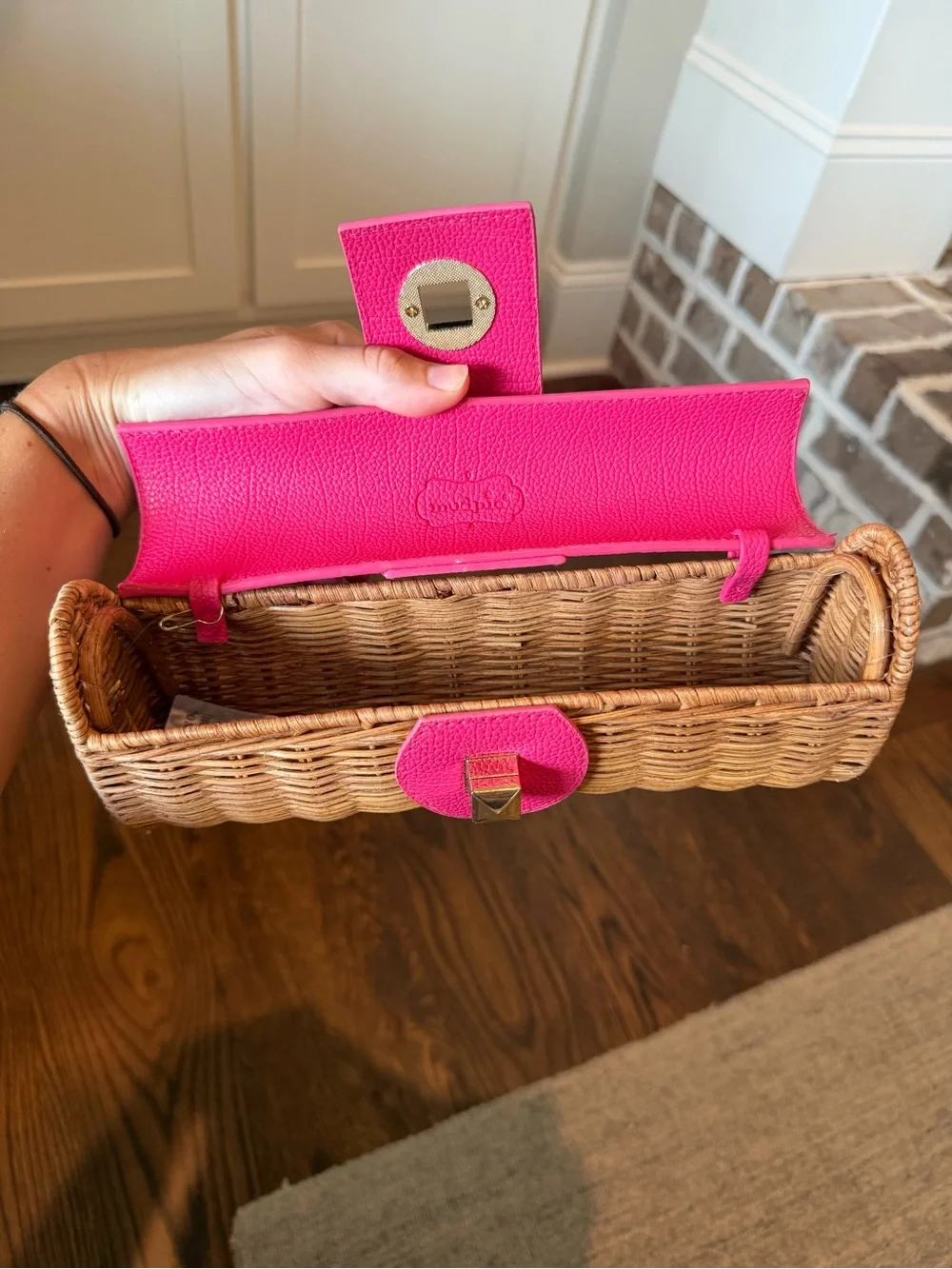 Mud Pie Pink Leather-Trim Wicker Clutch with Gold Accent